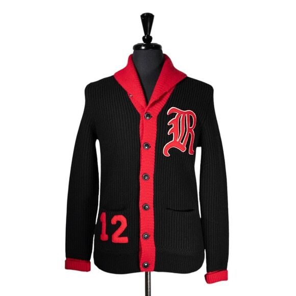 Ralph Lauren Rugby Mens Cardigan Sweater Small Black Red Wool Shawl Collar Patch